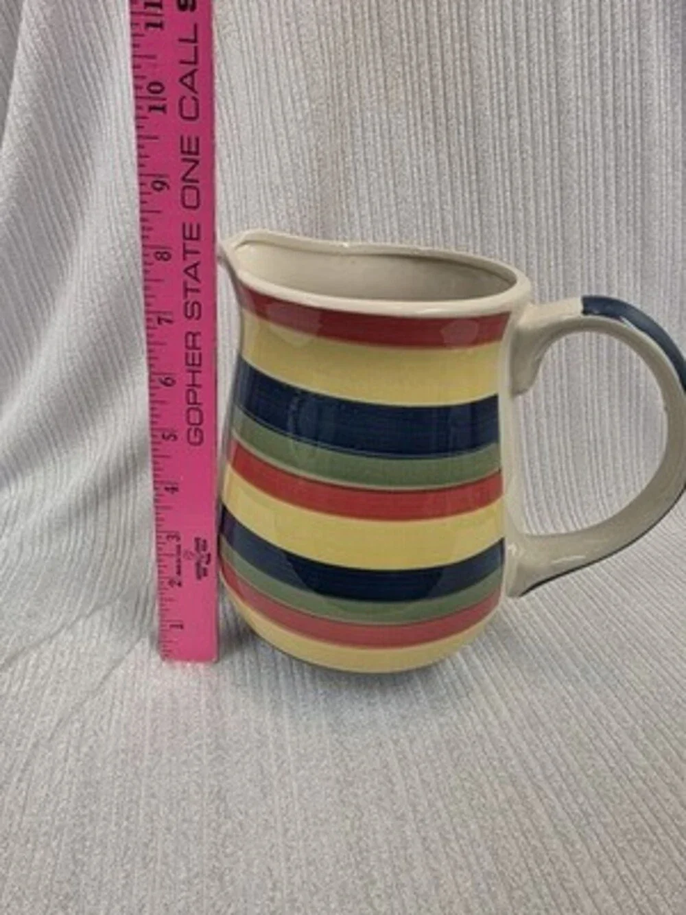 Swirl Hand Painted Collection 32 oz Striped Ceramic Pitcher w/ Blue Handle